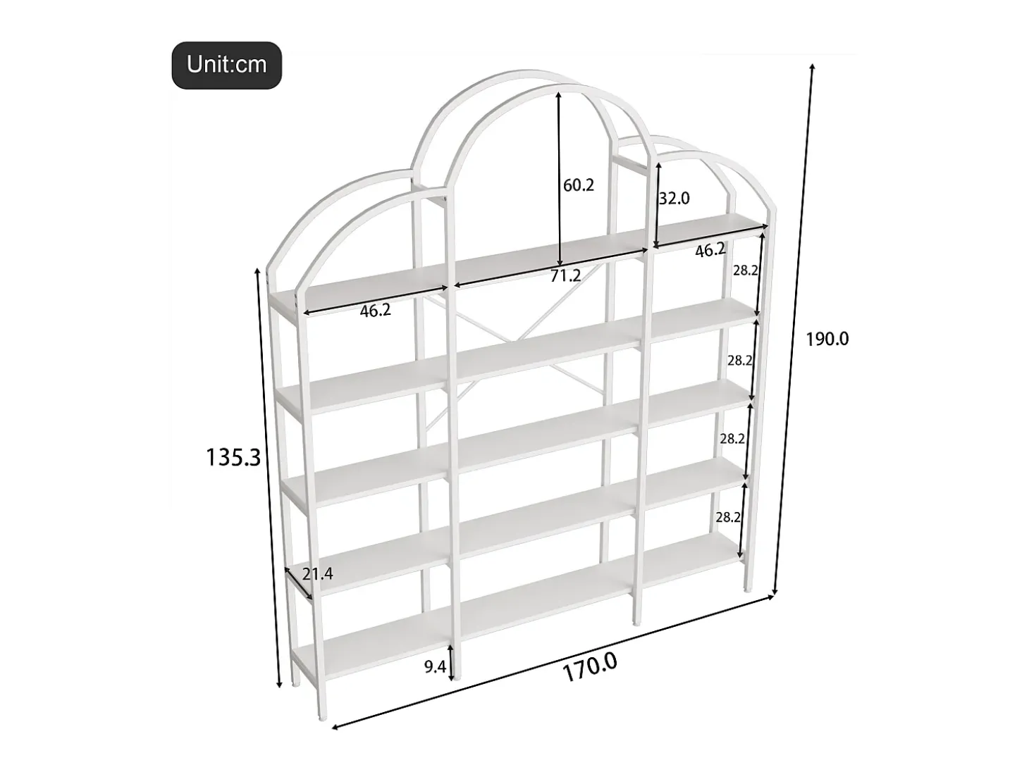 Estante moderna em metal 170×26×190 cm - formato nuvem - 5 níveis de armazenamento - branco