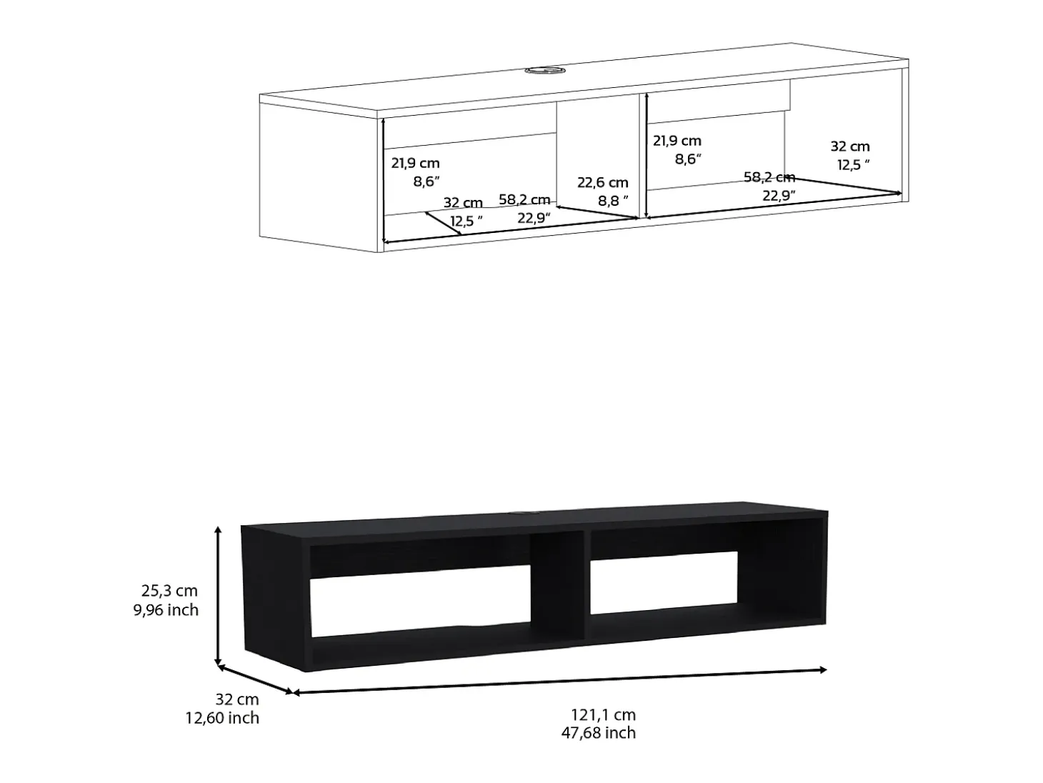 Estante multimédia em melamina Rockwood com duas prateleiras, 25.3 cm X 121.1 cm X 32 cm , Preto