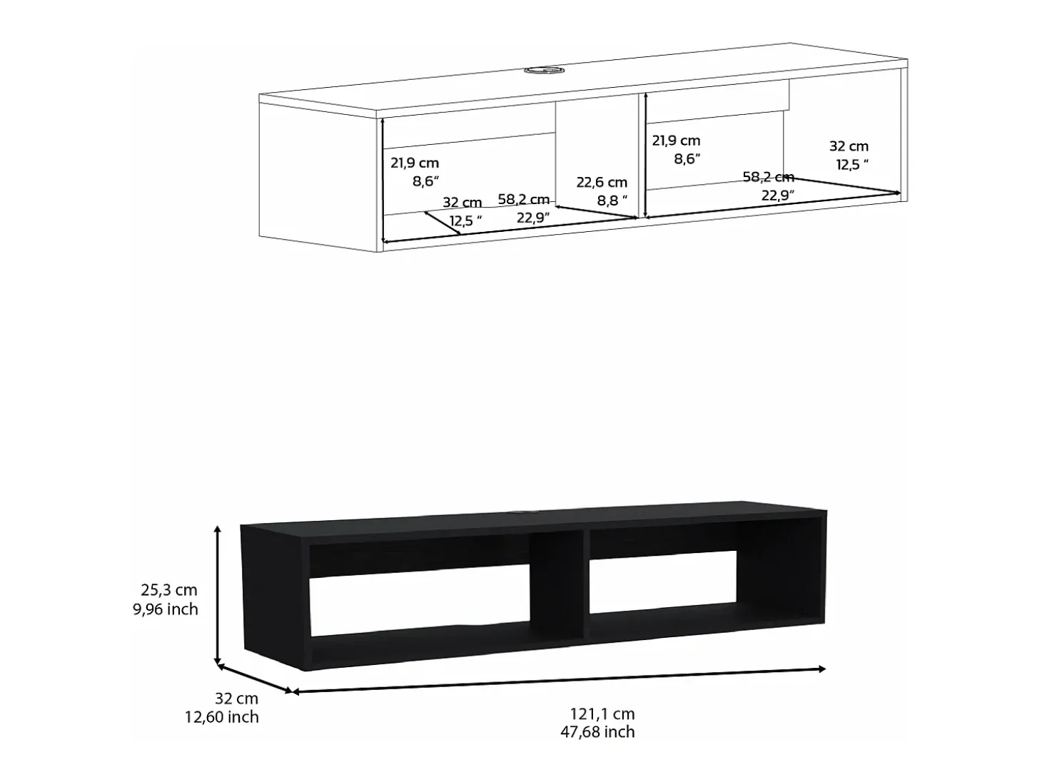 Estante multimédia em melamina Rockwood com duas prateleiras, 25.3 cm X 121.1 cm X 32 cm , Preto