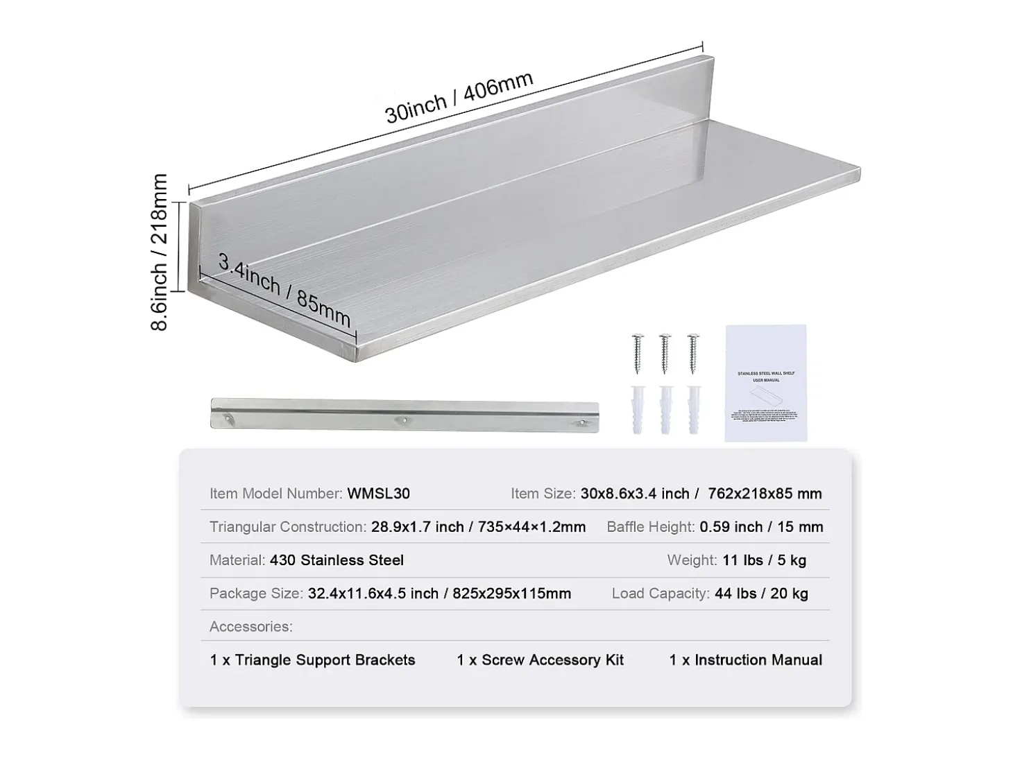 Estante Mural SucceBuy em Aço Inox 30 x 8,6 para Cozinha E Restaurante