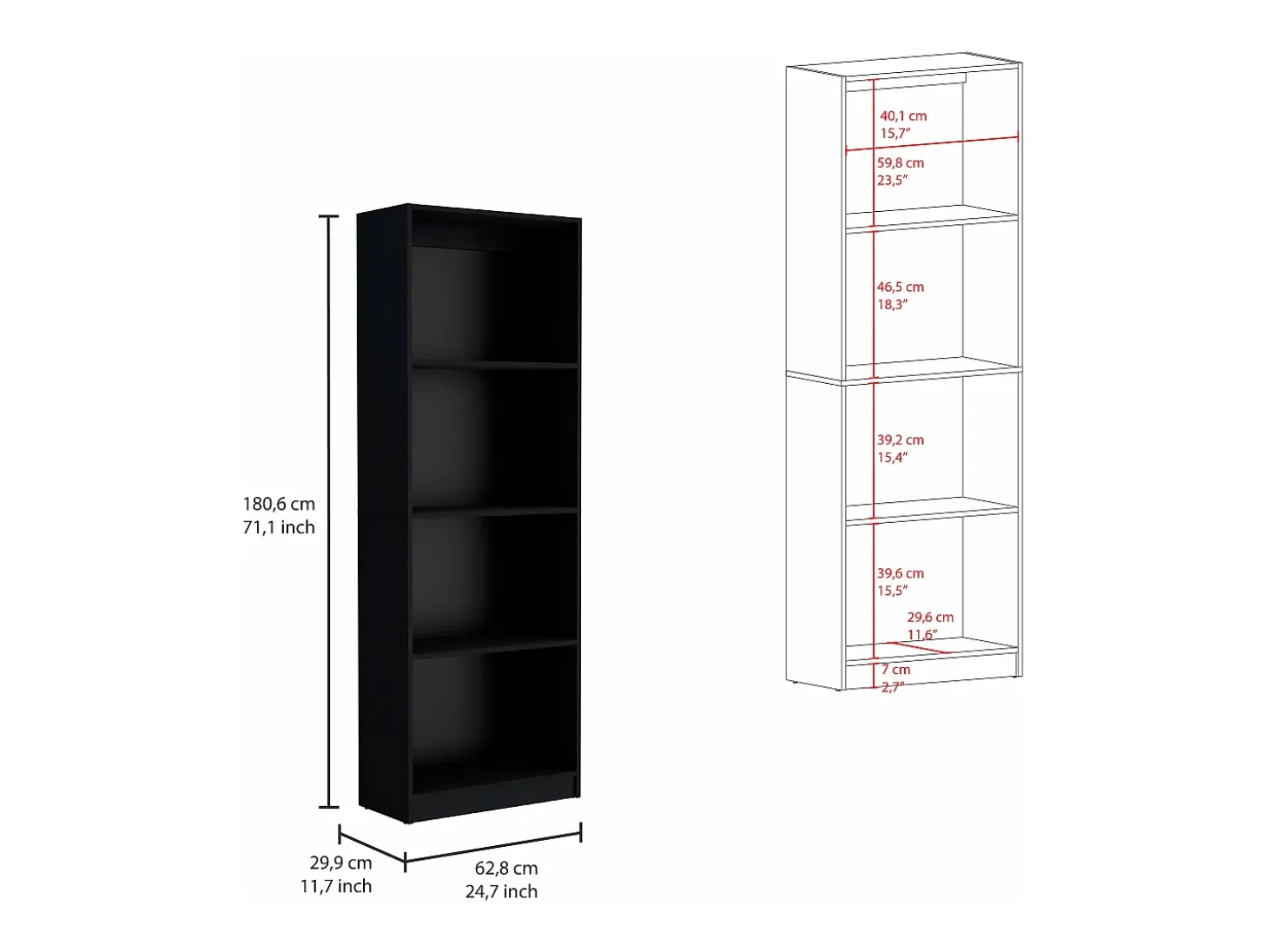 Estante para escritório em casa em melamina com 4 prateleiras abertas, 180.59 cm X 62.73 cm X 29.71 cm , Preto