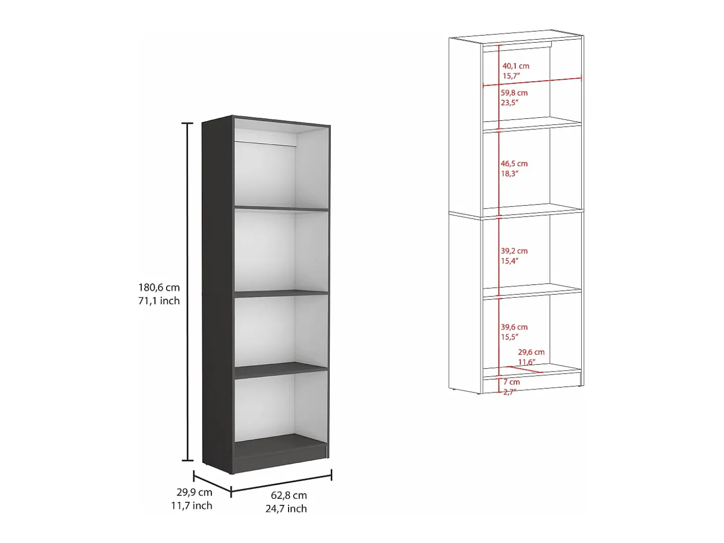 Estante para escritório em casa em melamina com 4 prateleiras abertas , 180.59 cm X 62.73 cm X 29.71 cm , Multicolor
