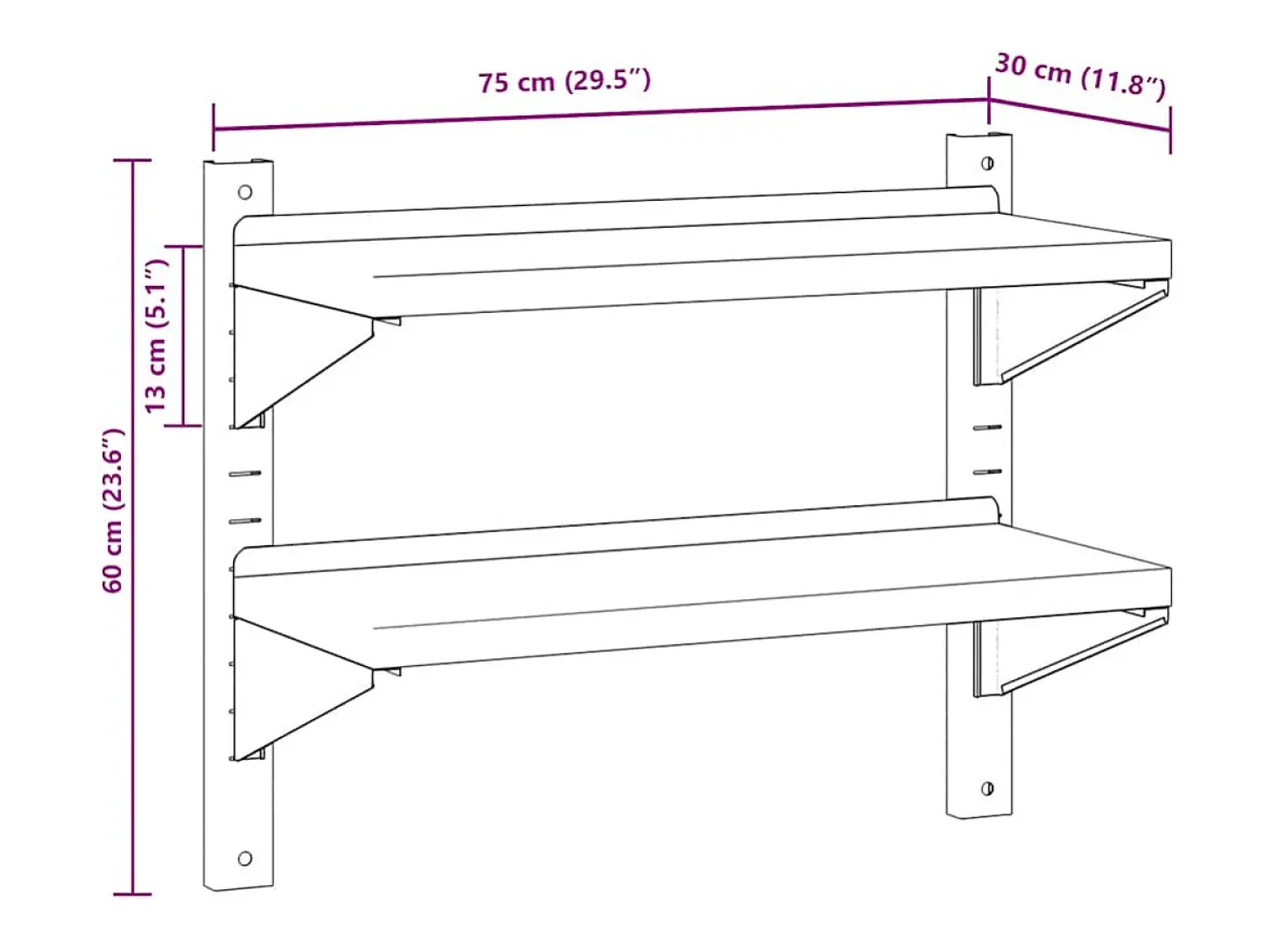 Estante parede 2 prateleiras 75x30x60 cm aço inoxidável prata