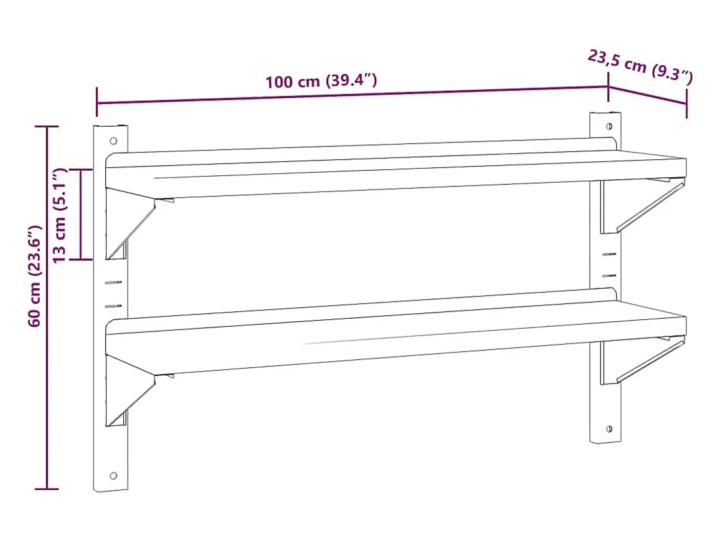 Estante parede 2 prateleiras 100x23,5x60cm aço inoxidável prata