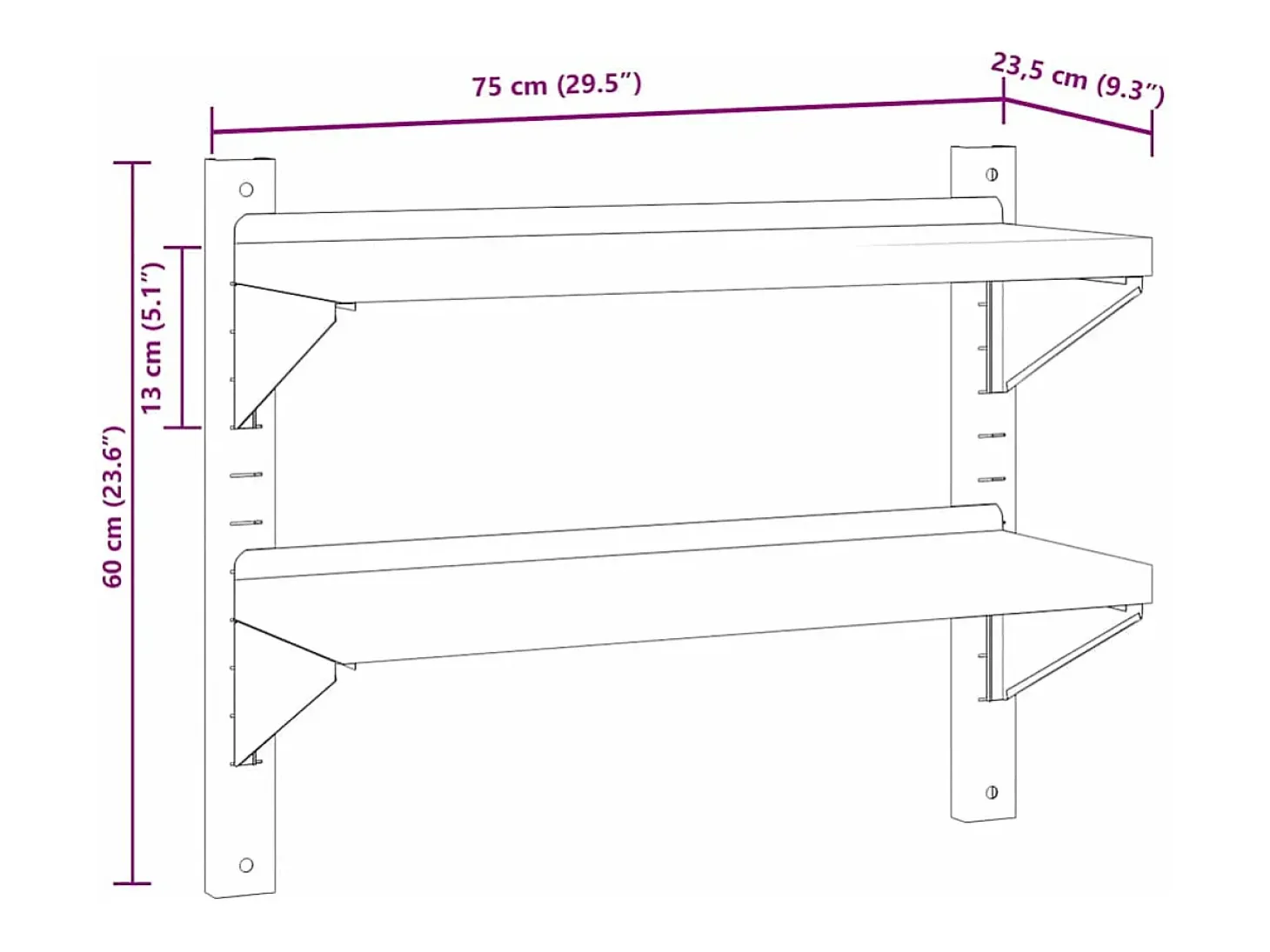 Estante parede 2 prateleiras 75x23,5x60 cm aço inoxidável prata
