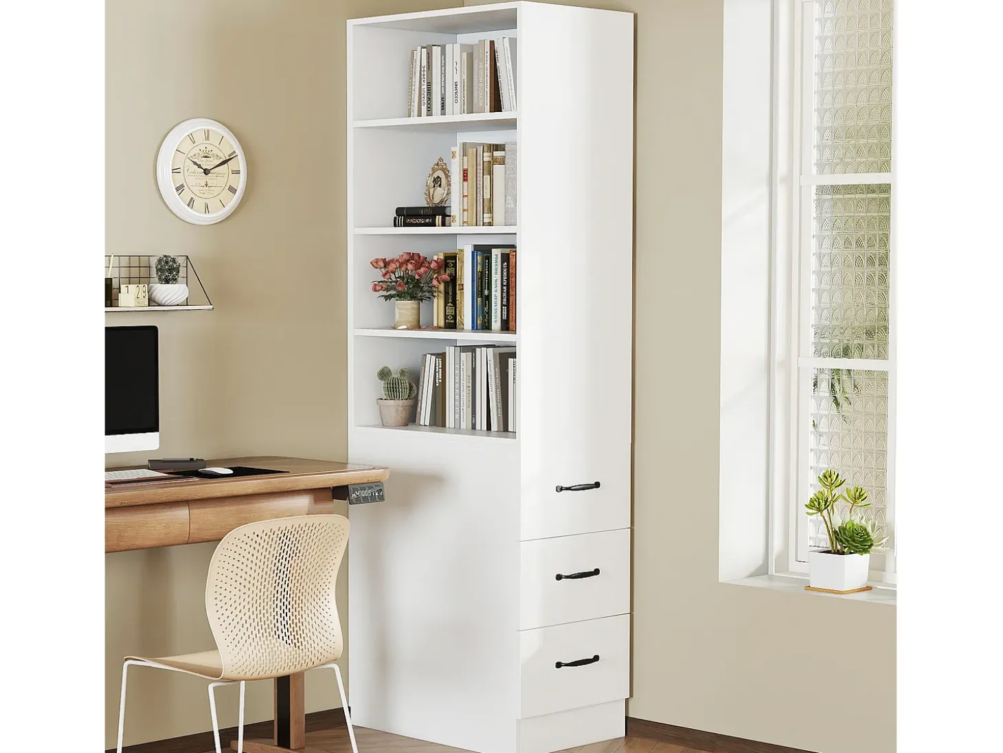 Estante 60x38x180 cm - Lados esquerdo e direito intercambiáveis - Com 3 gavetas - Prateleiras ajustáveis - Branco