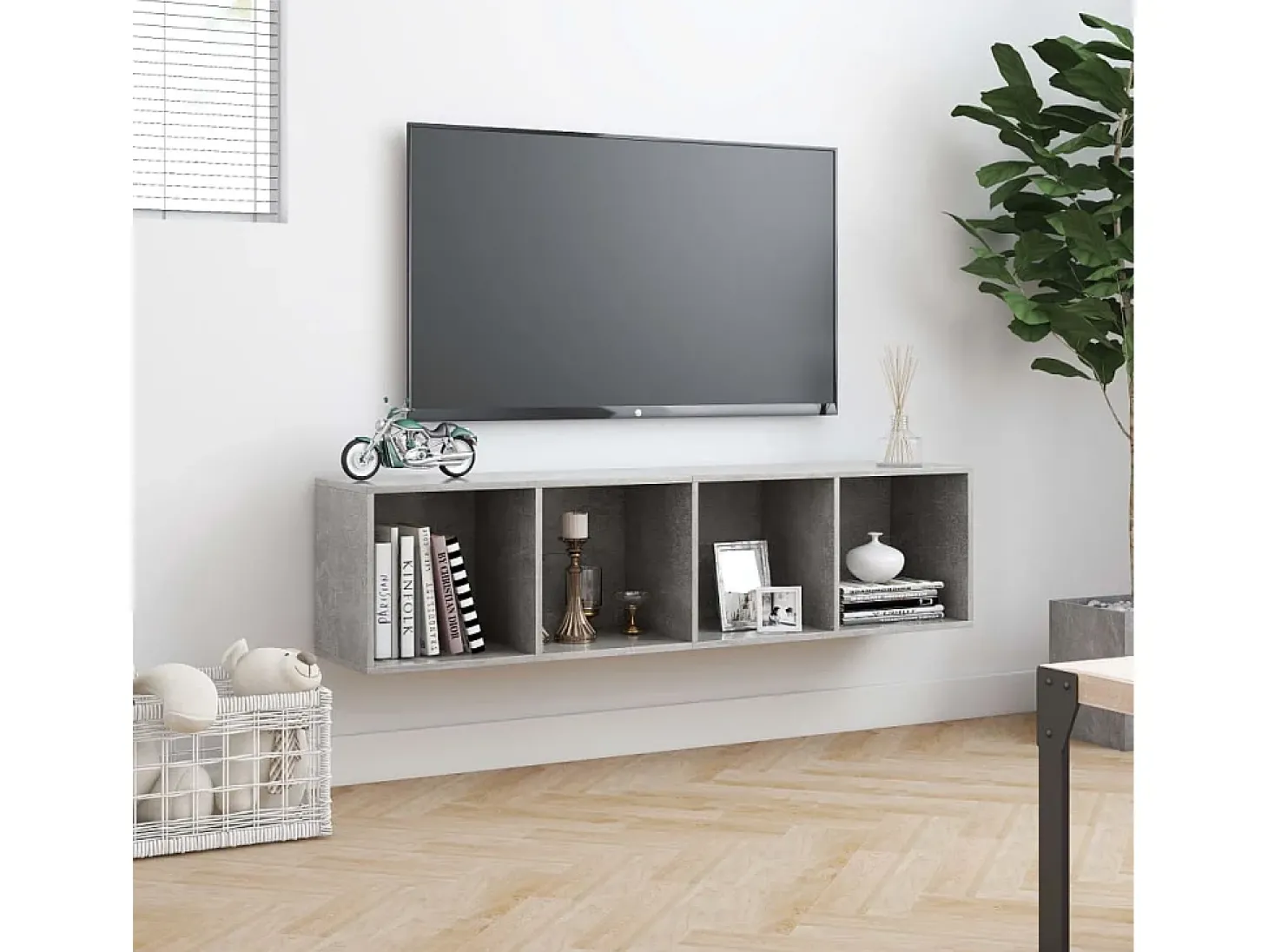 Estante/móvel de TV 143x30x36 cm contraplacado cinzento cimento PT241207