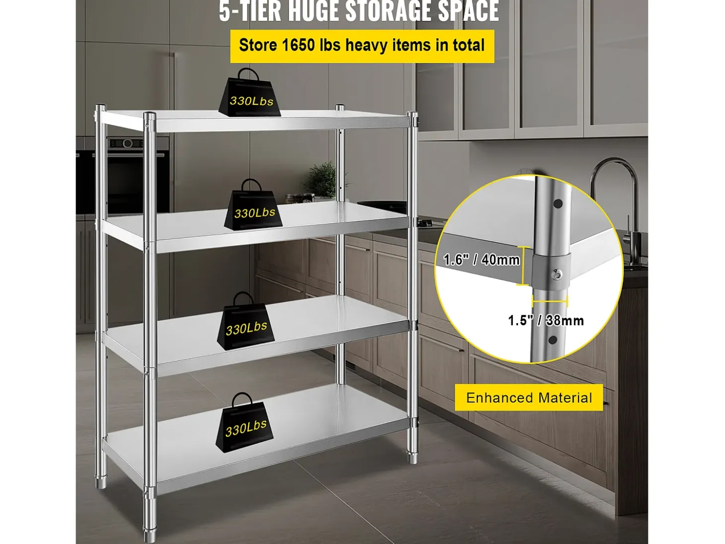 Estantes, SucceBuy Unidade de Estantes em Aço Inoxidável, 4 Estantes, 122 x 48 x 150 CM, Capacidade de Carga 600 KG