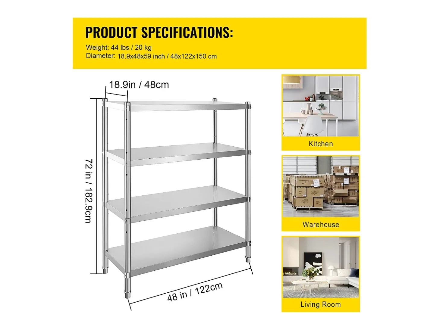 Estantes, SucceBuy Unidade de Estantes em Aço Inoxidável, 4 Estantes, 122 x 48 x 150 CM, Capacidade de Carga 600 KG