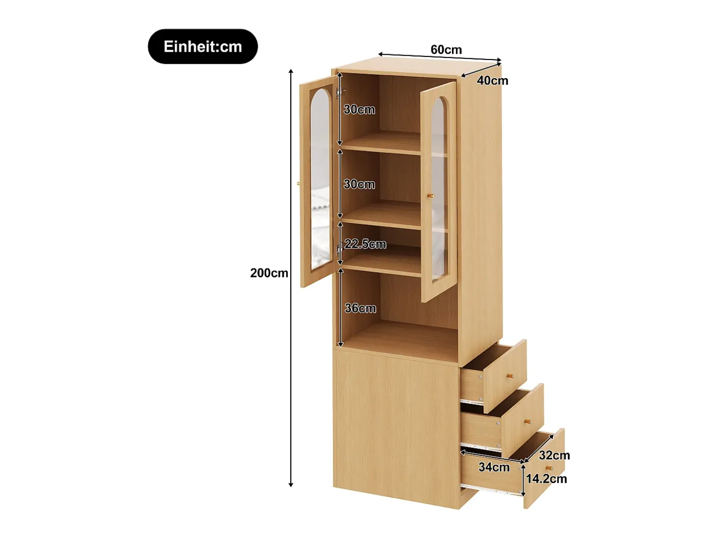 Estante/Vitrine - 60×40×200 cm - 3 gavetas laterais e 2 portas de vidro - LED - Lados esquerdo/direito reversíveis - Natural