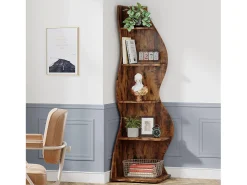 Etagère de canto moderna com 5 níveis, Pequena biblioteca de canto elegante, Suporte para plantas e unidade de organização com formato único, Castanho