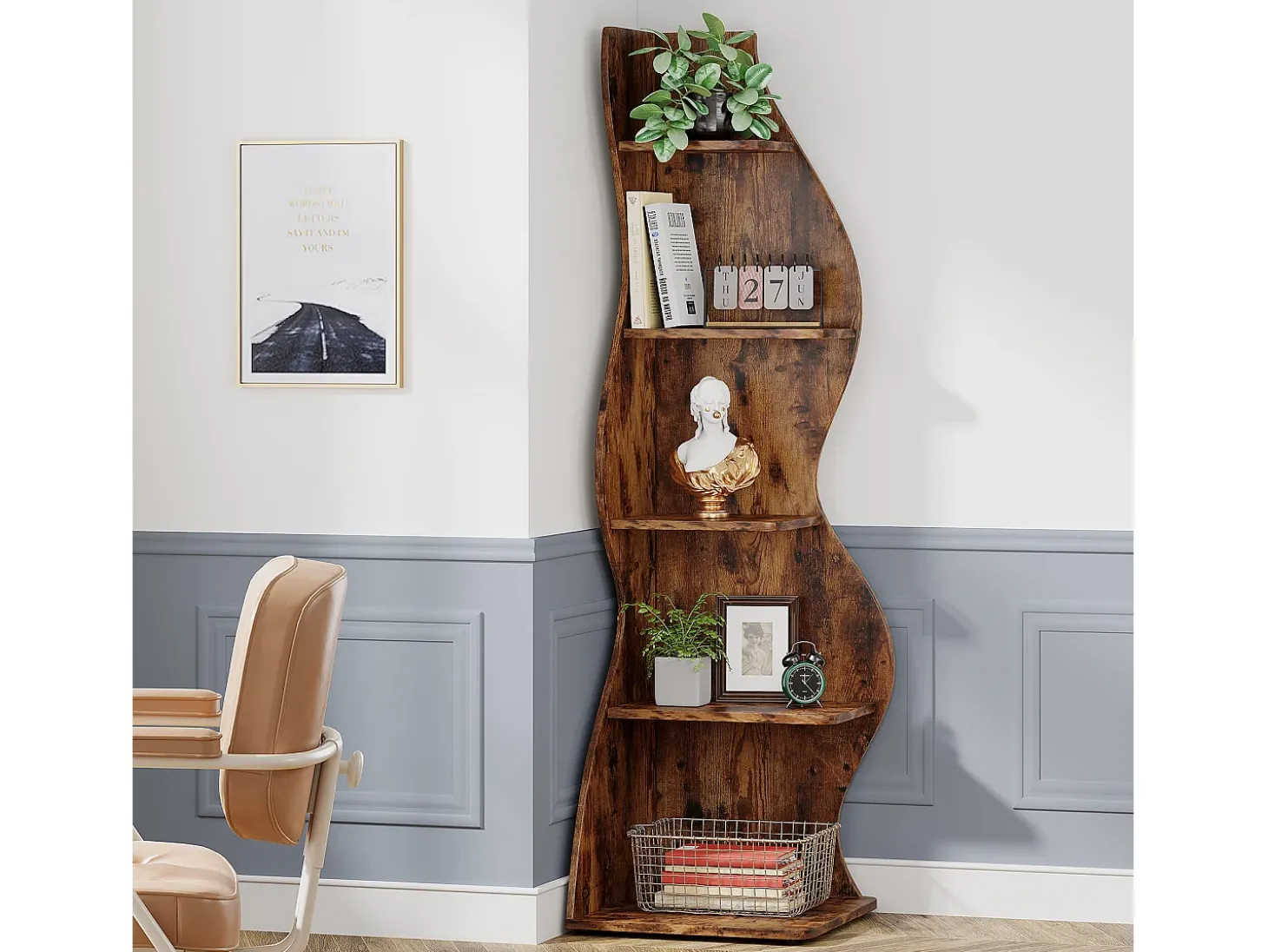 Etagère de canto moderna com 5 níveis, Pequena biblioteca de canto elegante, Suporte para plantas e unidade de organização com formato único, Castanho