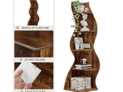 Etagère de canto moderna com 5 níveis, Pequena biblioteca de canto elegante, Suporte para plantas e unidade de organização com formato único, Castanho