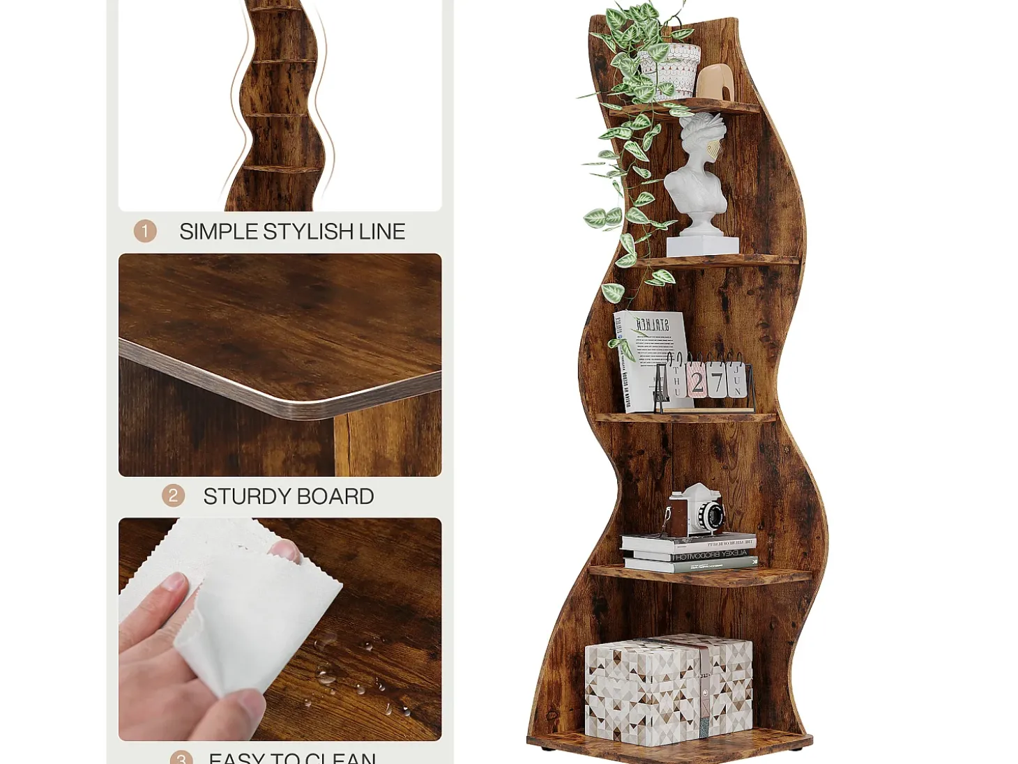 Etagère de canto moderna com 5 níveis, Pequena biblioteca de canto elegante, Suporte para plantas e unidade de organização com formato único, Castanho