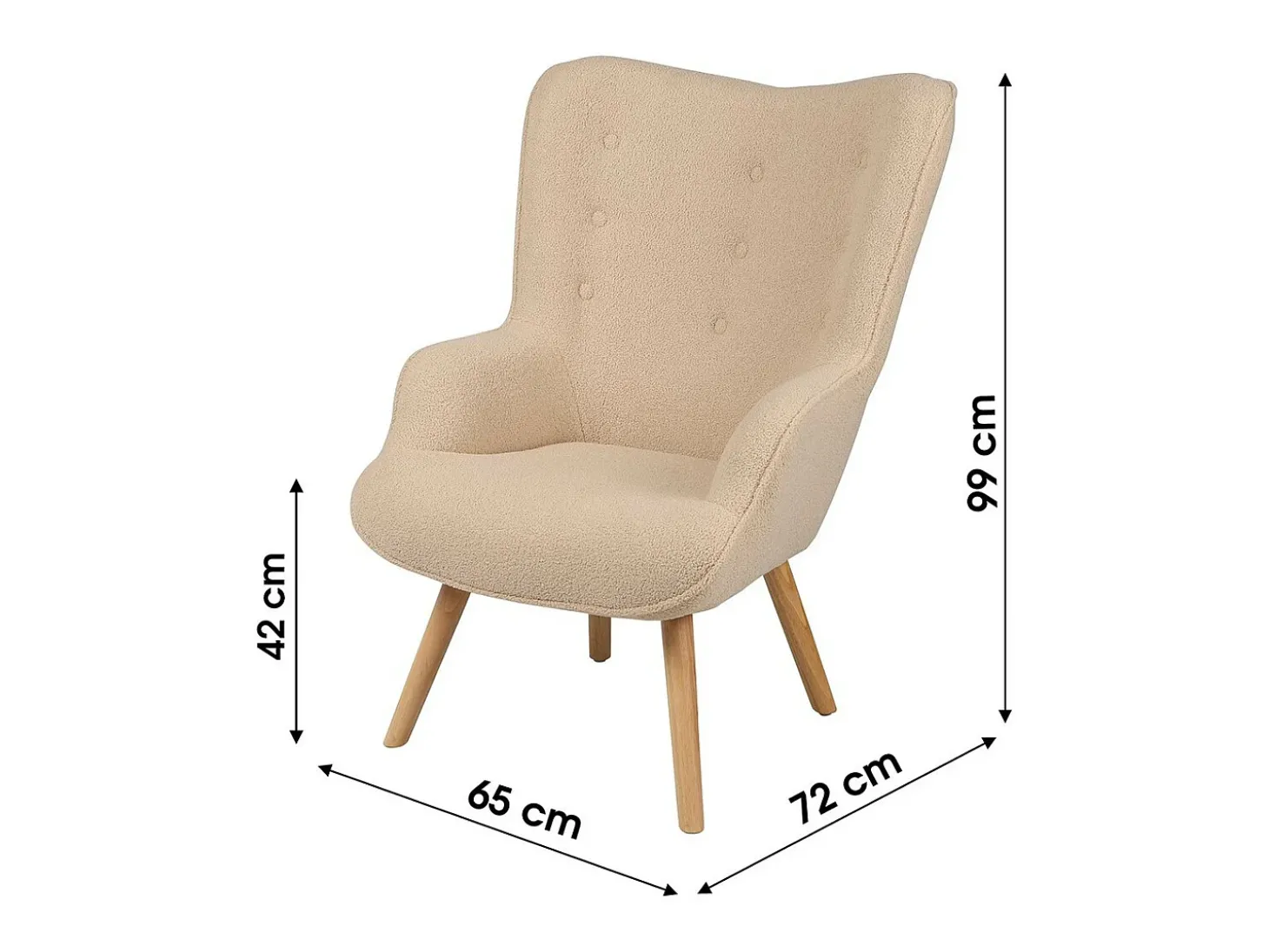 Fauteuil de salon en tissu teddy beige avec pieds en bois collection ENJOY. Style scandinave