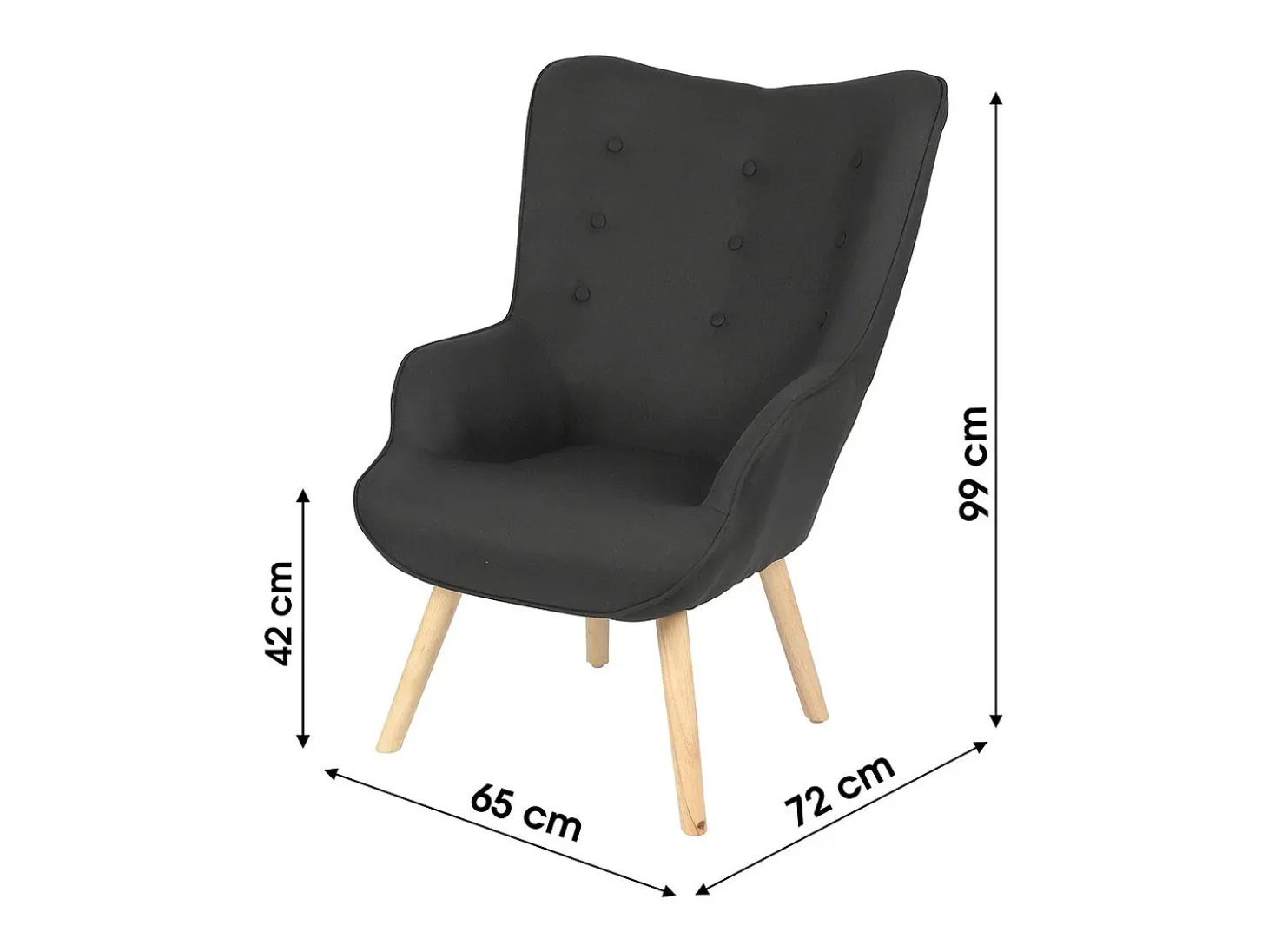 Fauteuil de salon en tissu noir avec pieds en bois collection ENJOY. Style scandinave