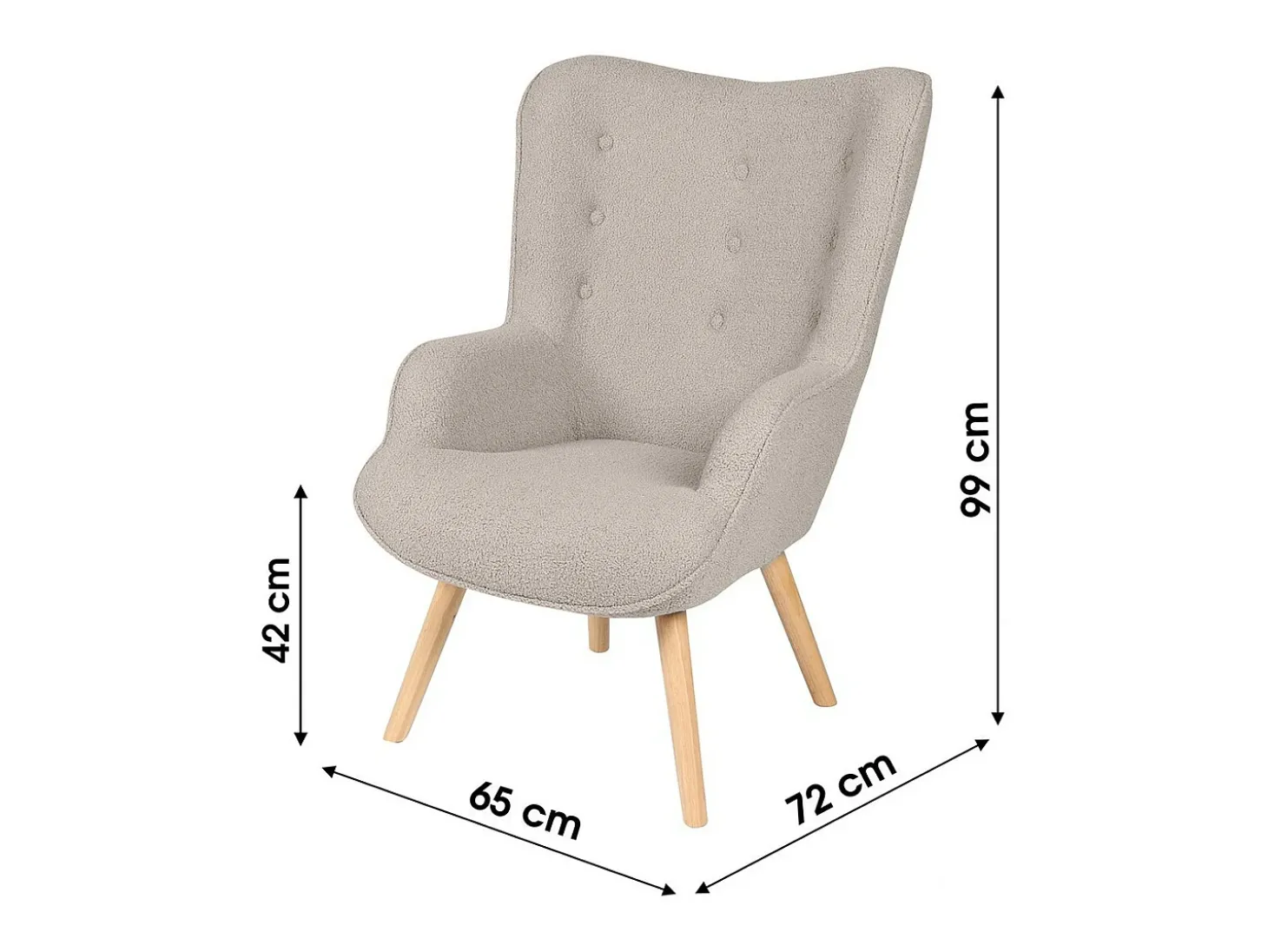 Fauteuil de salon en tissu teddy gris avec pieds en bois collection ENJOY. Style scandinave