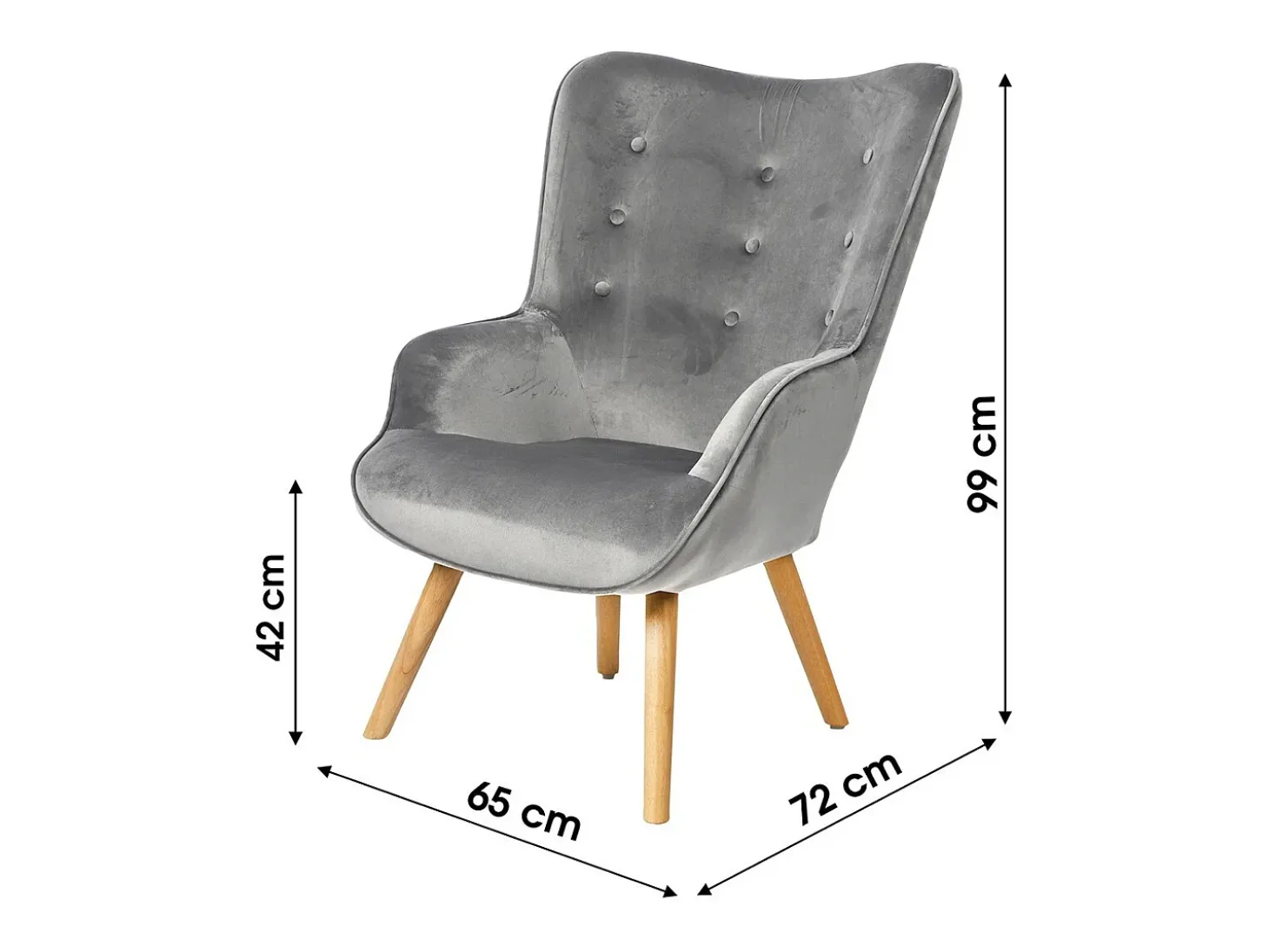 Fauteuil de salon en velours gris clair avec pieds en bois collection ENJOY. Style scandinave