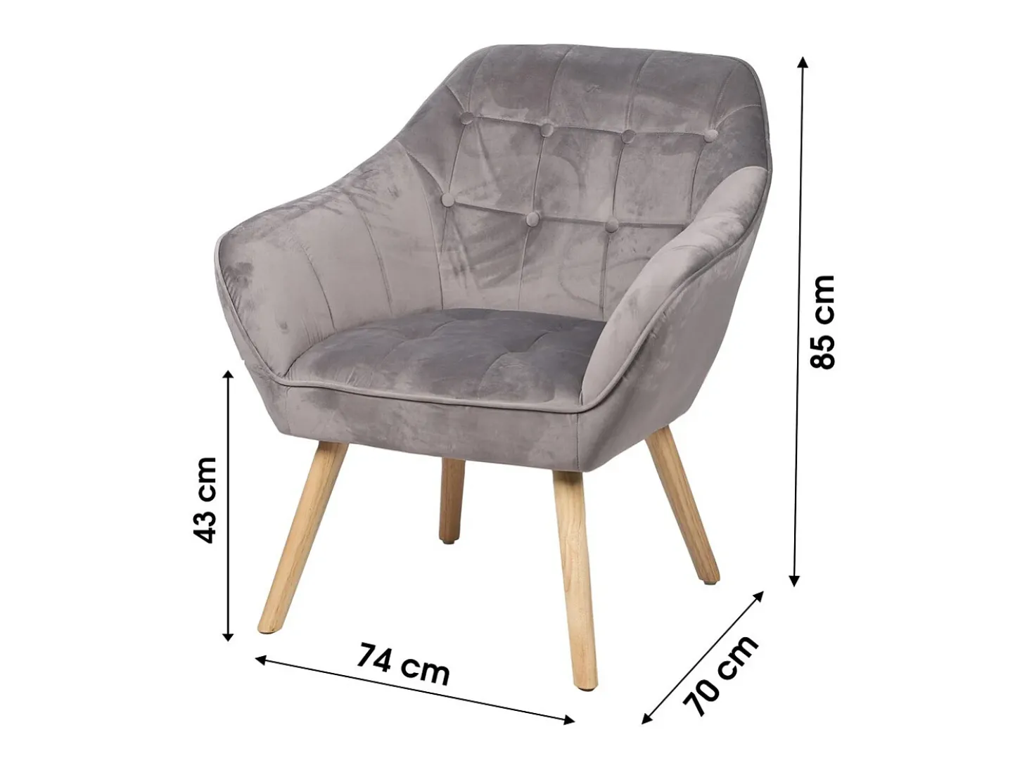 Fauteuil en velours gris clair avec pieds en bois – 74x70xH85 cm, hauteur d'assise 43 cm – Collection VELUREA