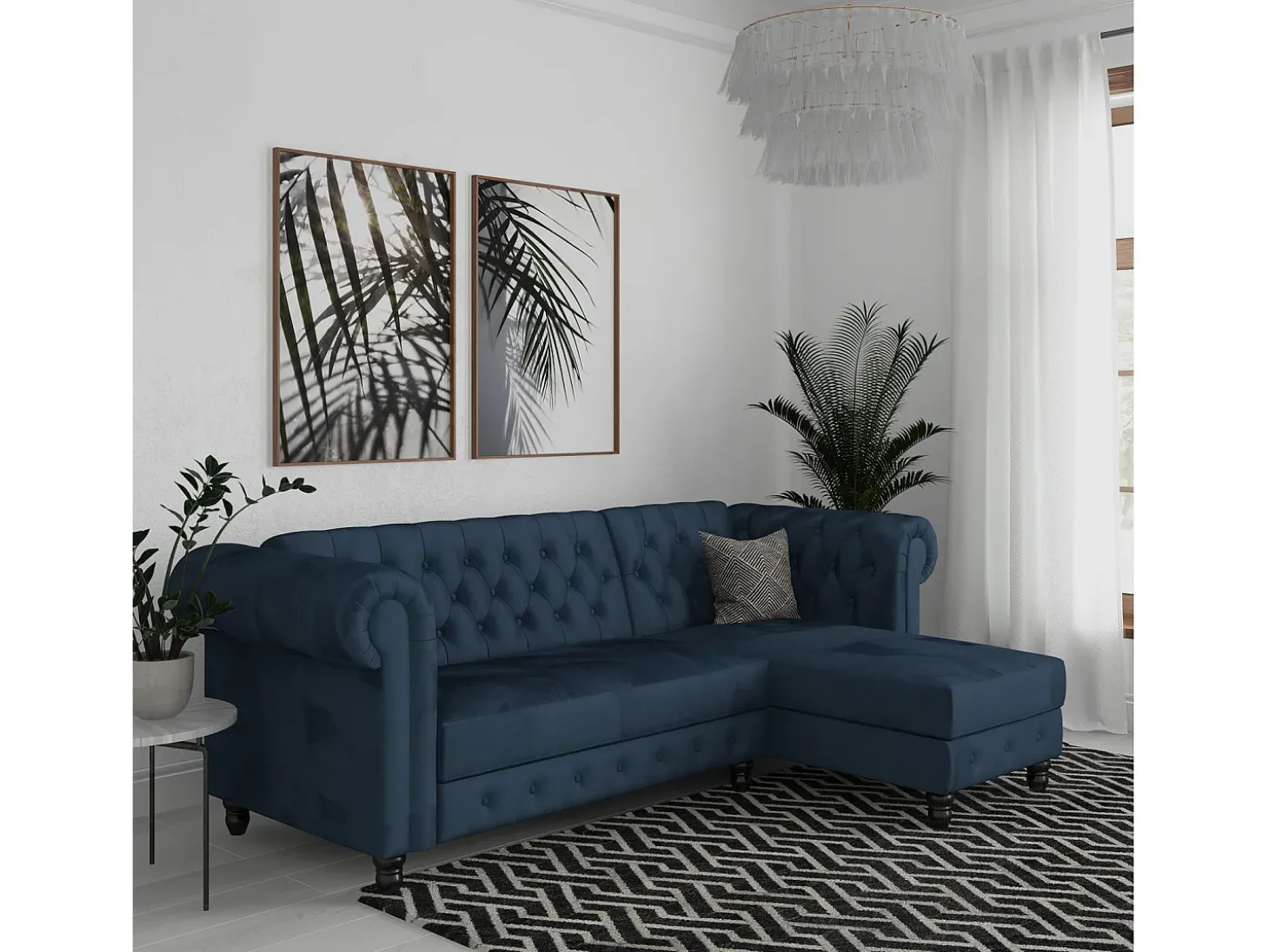 Felix | Sofá-cama com chaise longue em veludo azul
