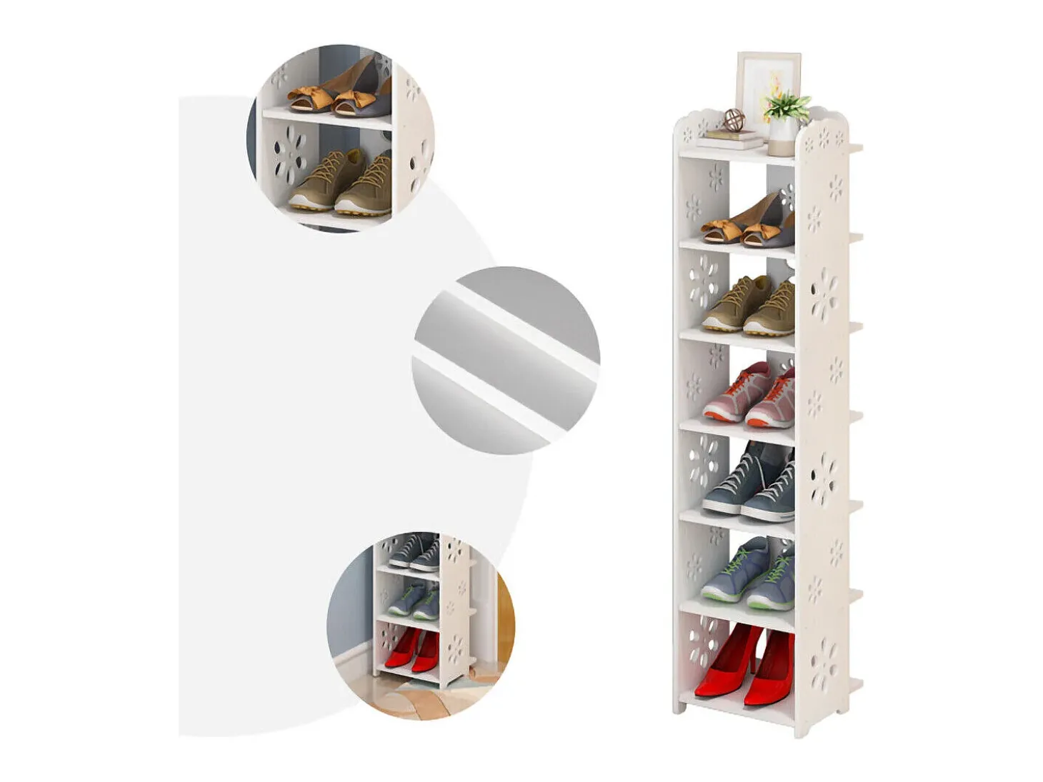 Gabinete de sapatos 7 níveis em madeira plástica, prateleira de armazenamento de sapatos, 26x25x96cm, branco