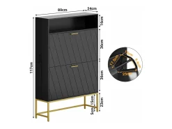 Gabinete de sapatos, com 2 portas de terceirização e 1 prateleira aberta, anti-Inclined, Black, 80x24x117cm Design