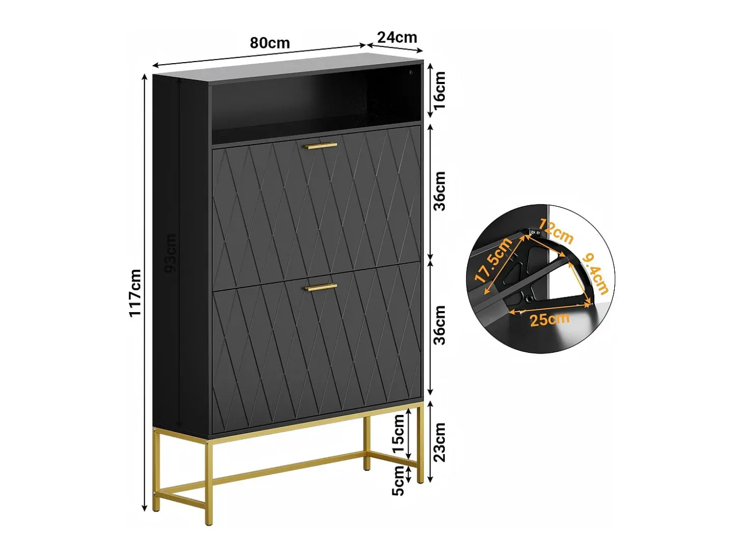 Gabinete de sapatos, com 2 portas de terceirização e 1 prateleira aberta, anti-Inclined, Black, 80x24x117cm Design