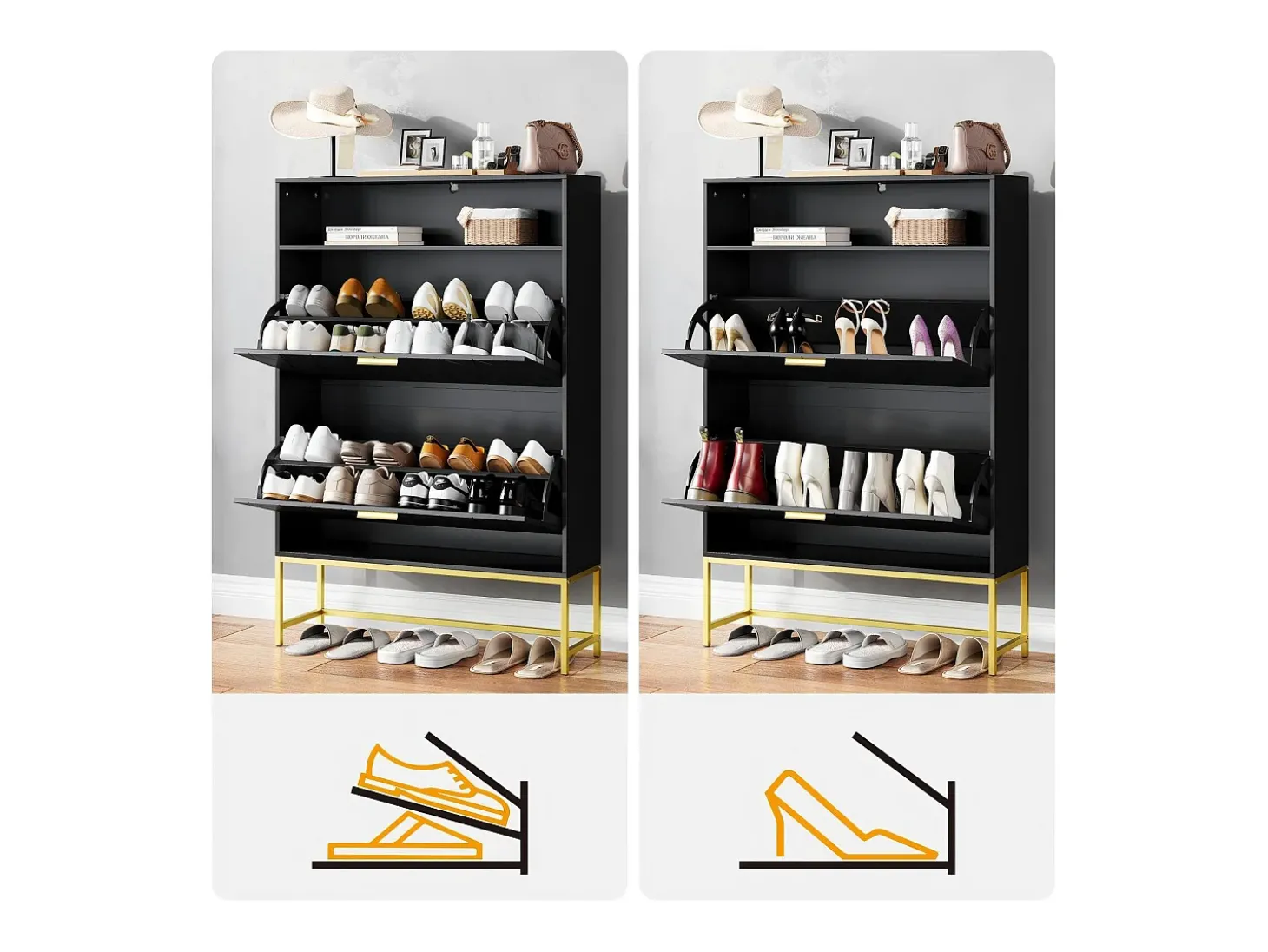 Gabinete de sapatos, com 2 portas de terceirização e 1 prateleira aberta, anti-Inclined, Black, 80x24x117cm Design