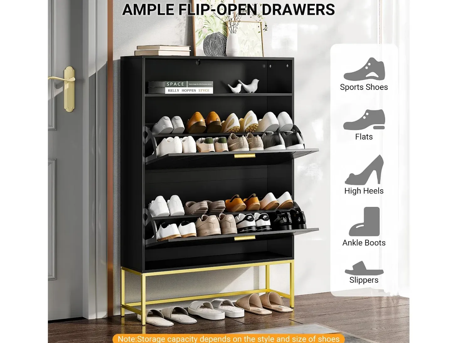 Gabinete de sapatos, com 2 portas de terceirização e 1 prateleira aberta, anti-Inclined, Black, 80x24x117cm Design