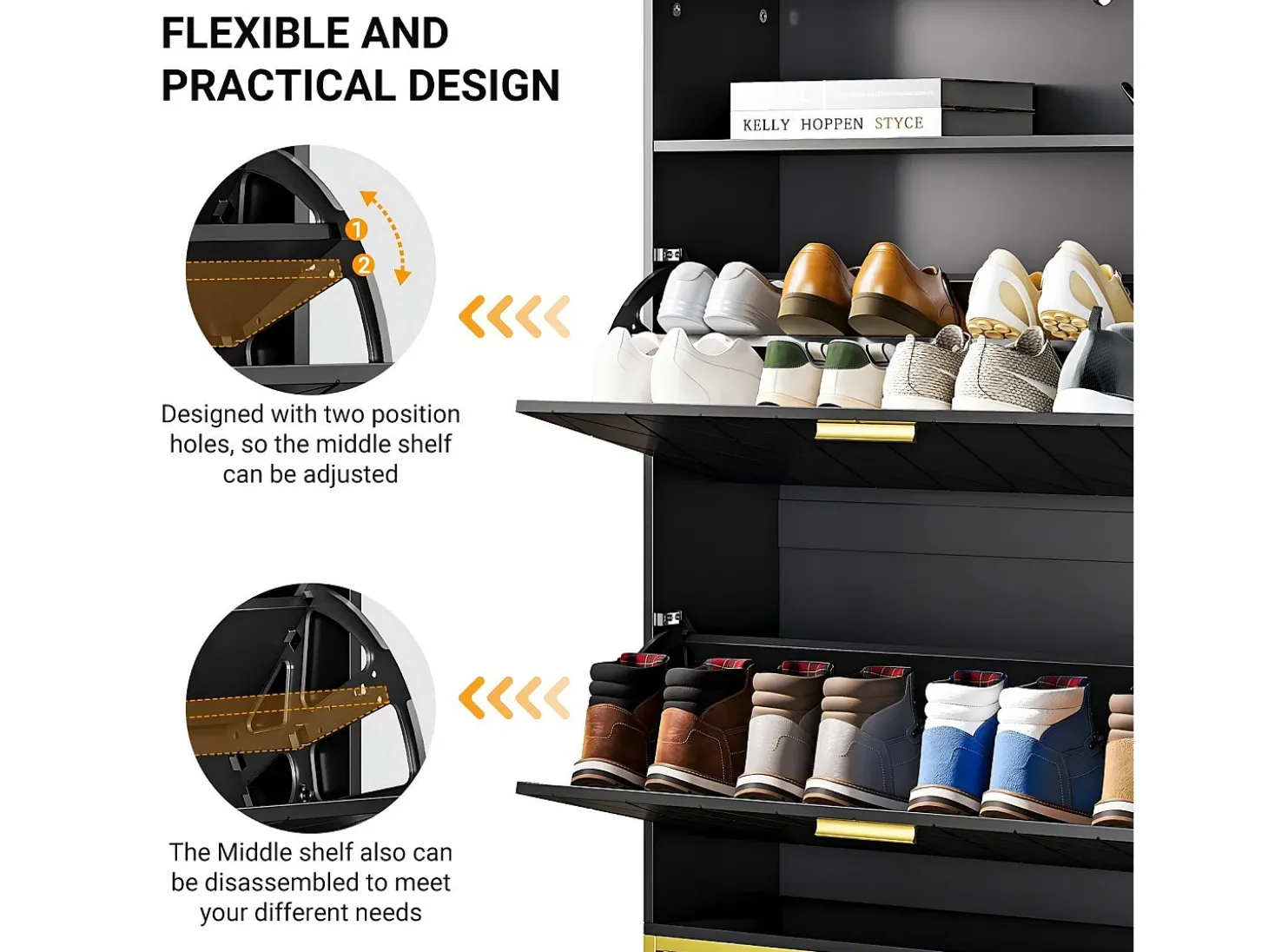 Gabinete de sapatos, com 2 portas de terceirização e 1 prateleira aberta, anti-Inclined, Black, 80x24x117cm Design