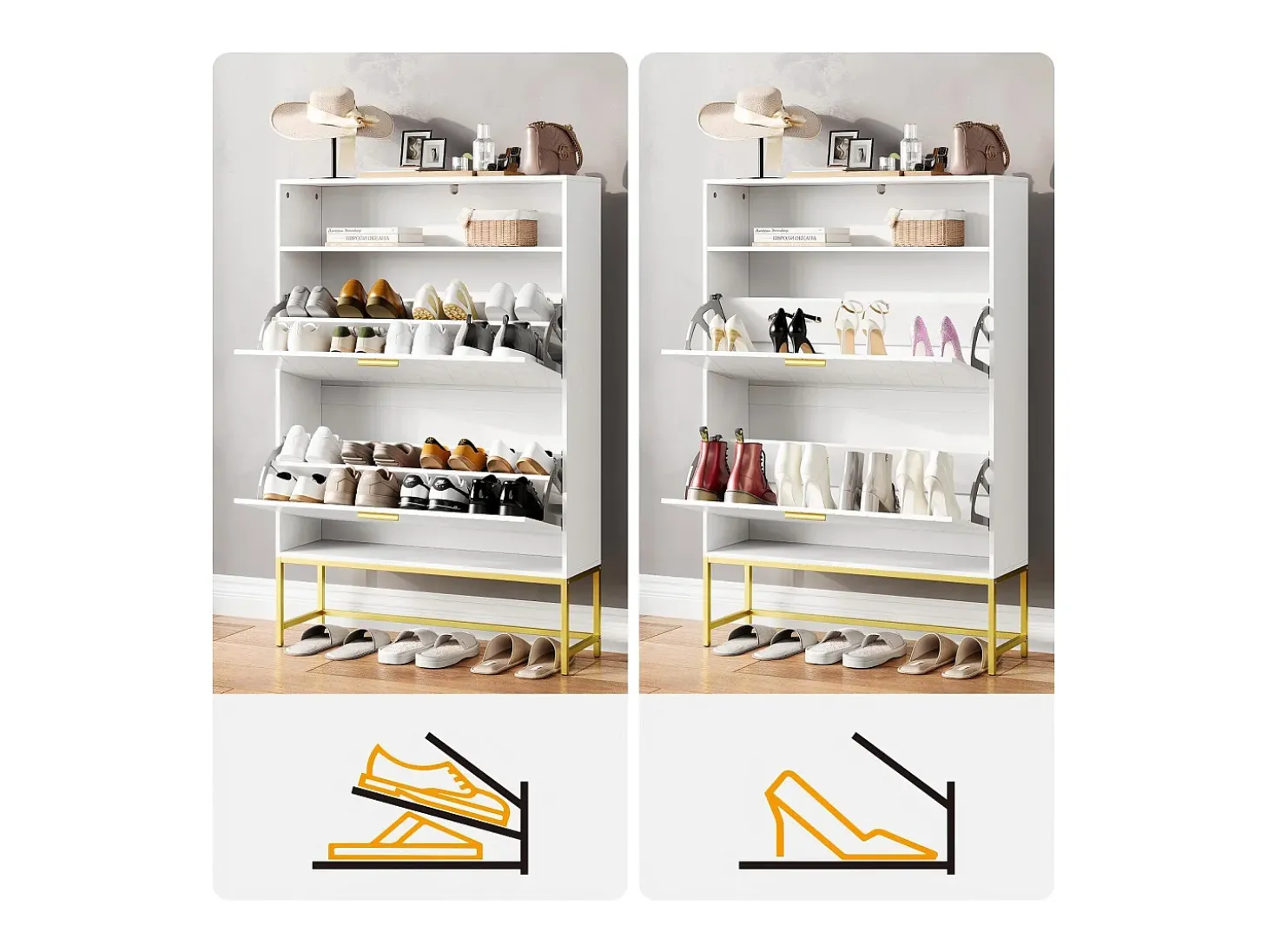 Gabinete de sapatos, com 2 portas de terceirização e 1 prateleira aberta, anti-plina, branca, 80x24x117cm Design