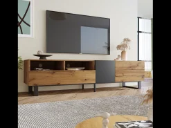 Gabinete de TV 2 gavetas 1 portas e 3 nichos - em MDF - Efeito de grão de madeira e pés de metal - 180x38x50cm