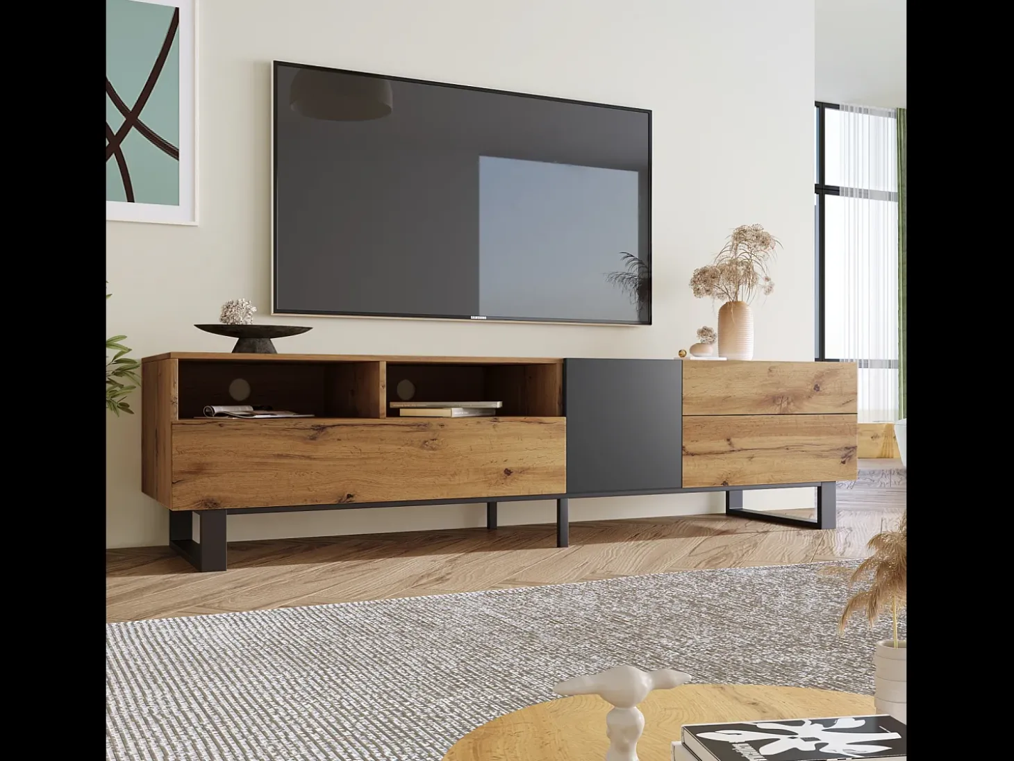 Gabinete de TV 2 gavetas 1 portas e 3 nichos - em MDF - Efeito de grão de madeira e pés de metal - 180x38x50cm