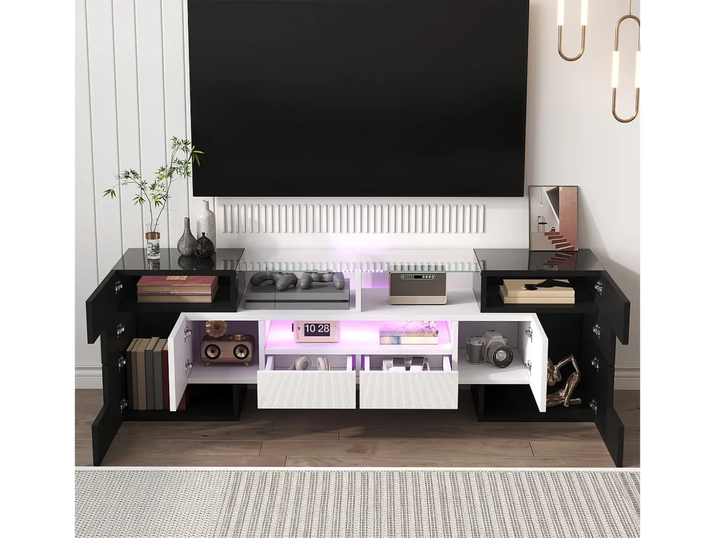 Gabinete de TV 2 gavetas 6 portas e 3 nichos, com LEDs, carga máxima de 60 kg, preto+branco, 145x30x51cm