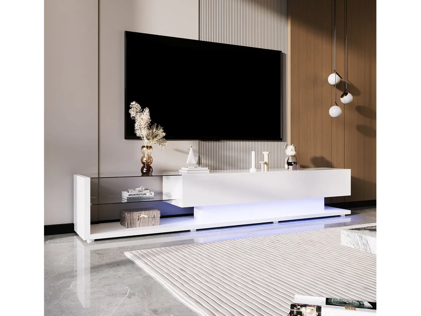 Gabinete de TV 2 gavetas e 2 prateleiras de vidro, painéis baixos, com LED variável, carga máxima de 50 kg, 170x36x38cm, branco