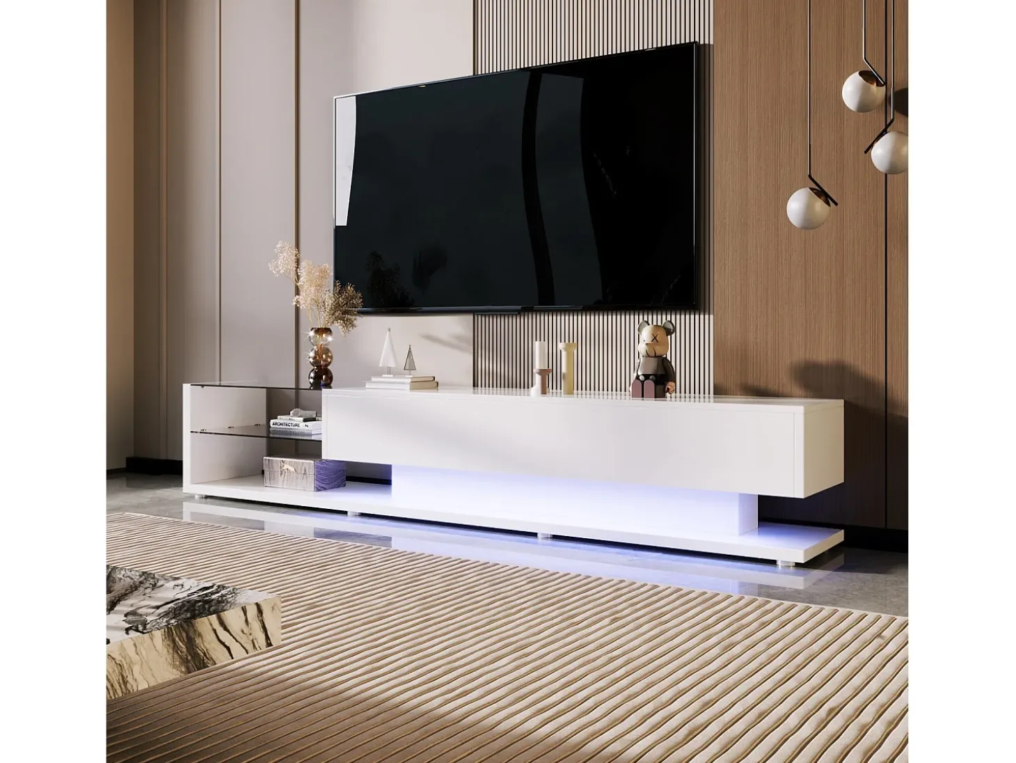Gabinete de TV 2 gavetas e 2 prateleiras de vidro, painéis baixos, com LED variável, carga máxima de 50 kg, 170x36x38cm, branco