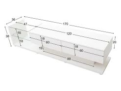 Gabinete de TV 2 gavetas e 2 prateleiras de vidro, painéis baixos, com LED variável, carga máxima de 50 kg, 170x36x38cm, branco