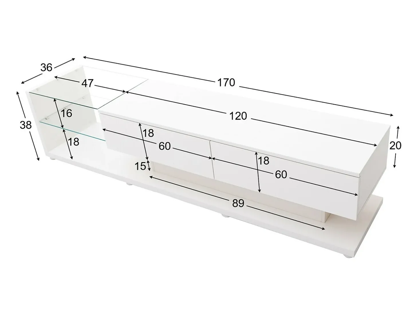 Gabinete de TV 2 gavetas e 2 prateleiras de vidro, painéis baixos, com LED variável, carga máxima de 50 kg, 170x36x38cm, branco