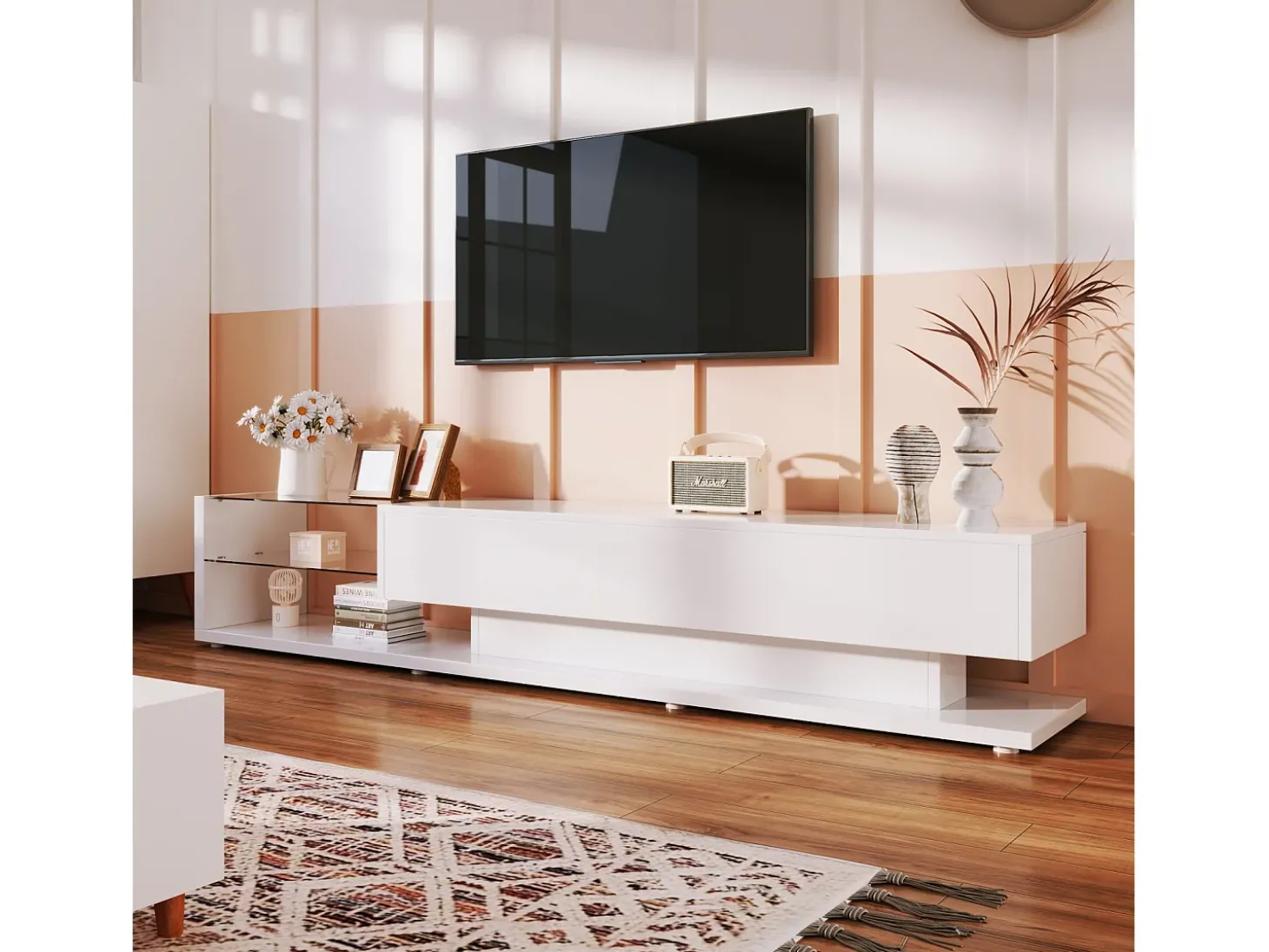 Gabinete de TV 2 gavetas e 2 prateleiras de vidro, painéis baixos, com LED variável, carga máxima de 50 kg, 170x36x38cm, branco