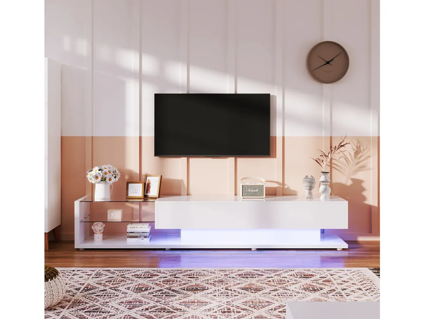 Gabinete de TV 2 gavetas e 2 prateleiras de vidro, painéis baixos, com LED variável, carga máxima de 50 kg, 170x36x38cm, branco