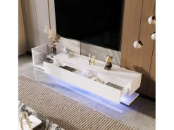 Gabinete de TV 2 gavetas e 2 prateleiras de vidro, painéis baixos, com LED variável, carga máxima de 50 kg, 170x36x38cm, branco