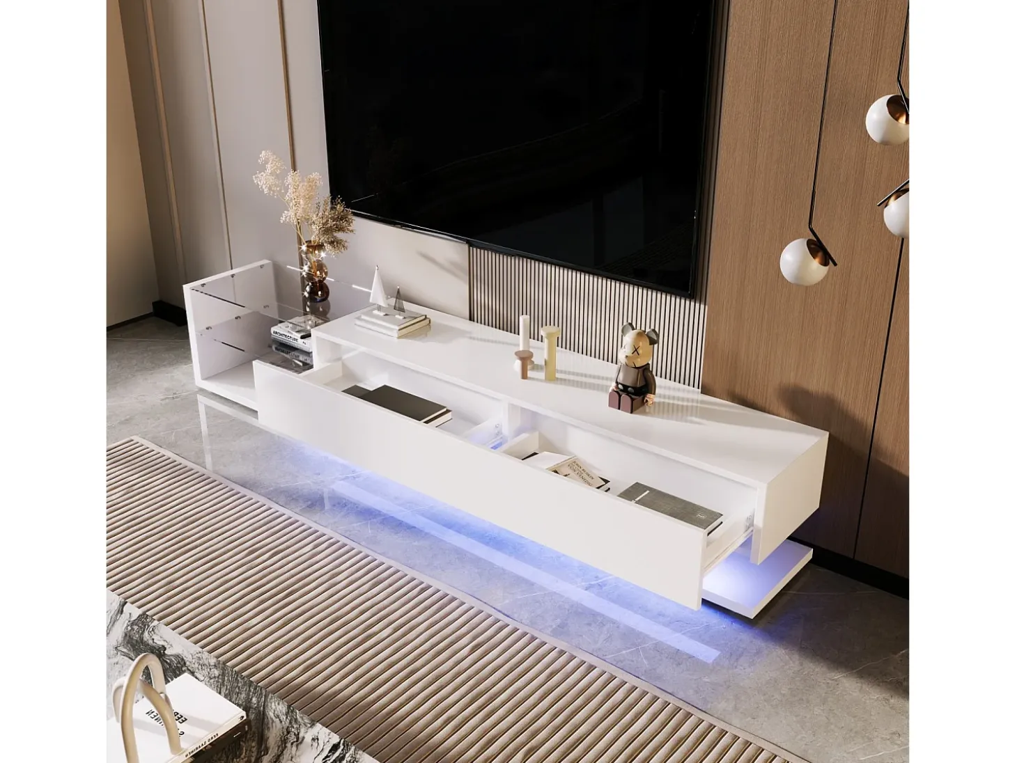 Gabinete de TV 2 gavetas e 2 prateleiras de vidro, painéis baixos, com LED variável, carga máxima de 50 kg, 170x36x38cm, branco