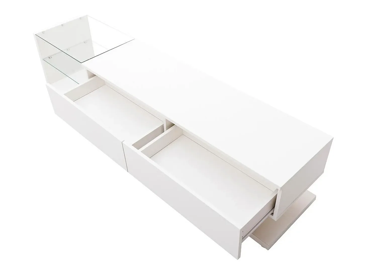 Gabinete de TV 2 gavetas e 2 prateleiras de vidro, painéis baixos, com LED variável, carga máxima de 50 kg, 170x36x38cm, branco