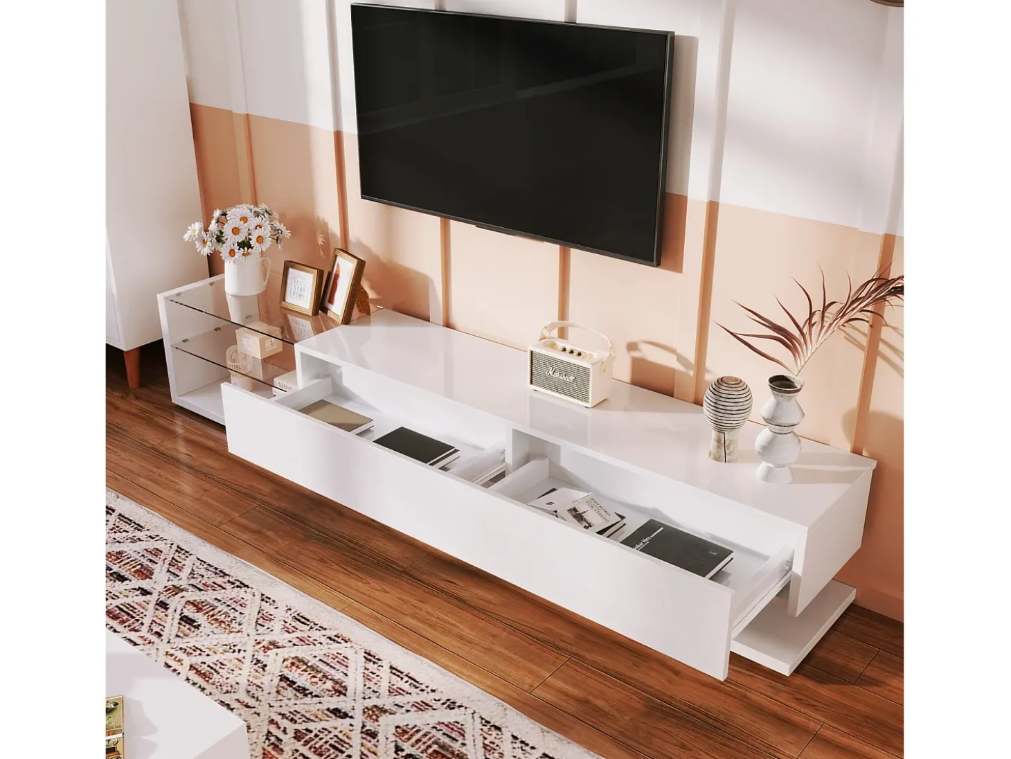 Gabinete de TV 2 gavetas e 2 prateleiras de vidro, painéis baixos, com LED variável, carga máxima de 50 kg, 170x36x38cm, branco