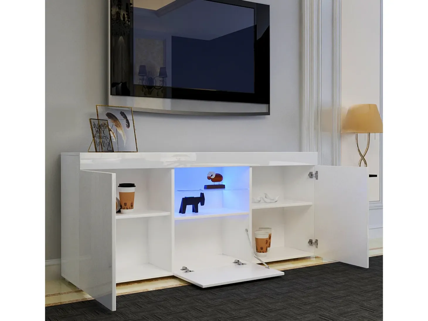 Gabinete de TV branco brilhante com luz LED, 3 portas, prateleira de vidro, bancada de TV moderna, buffet de sala de estar, 135x35x70cm