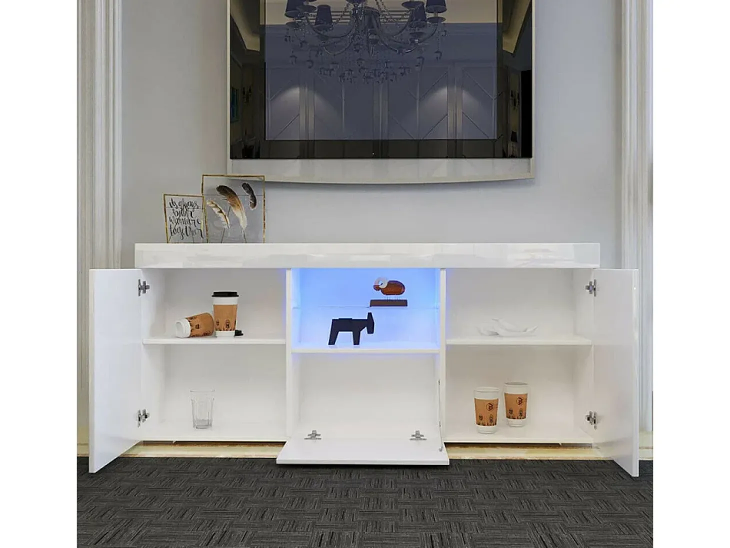 Gabinete de TV branco brilhante com luz LED, 3 portas, prateleira de vidro, bancada de TV moderna, buffet de sala de estar, 135x35x70cm