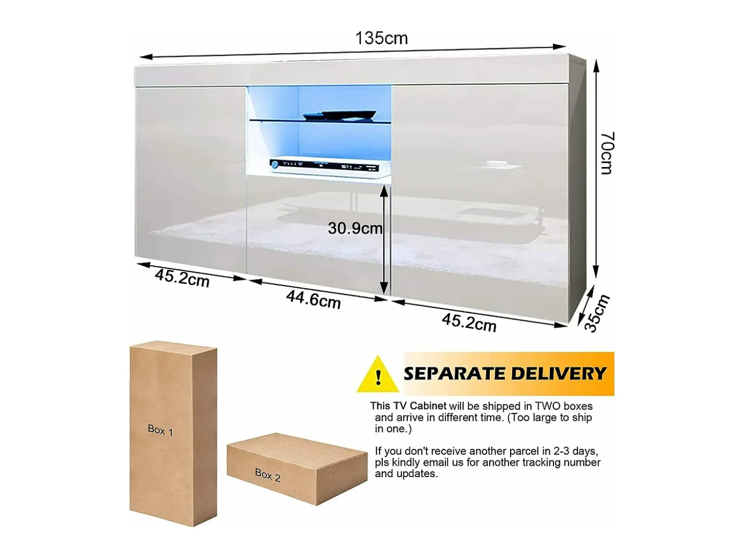 Gabinete de TV branco brilhante com luz LED, 3 portas, prateleira de vidro, bancada de TV moderna, buffet de sala de estar, 135x35x70cm