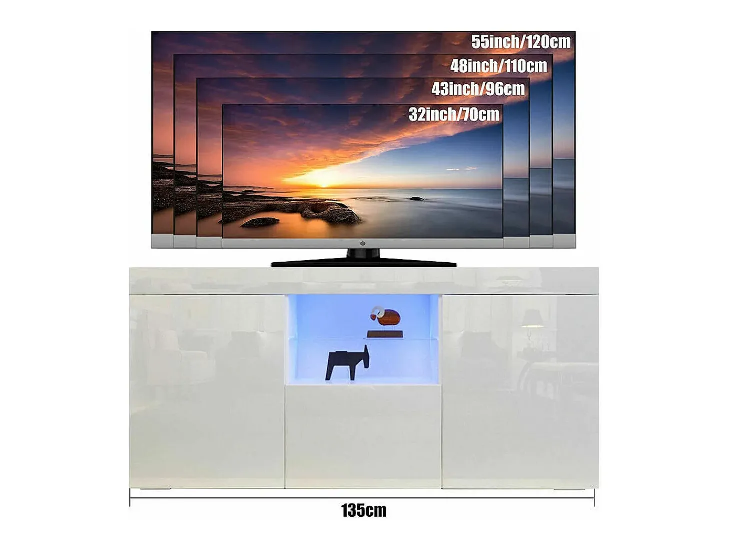 Gabinete de TV branco brilhante com luz LED, 3 portas, prateleira de vidro, bancada de TV moderna, buffet de sala de estar, 135x35x70cm