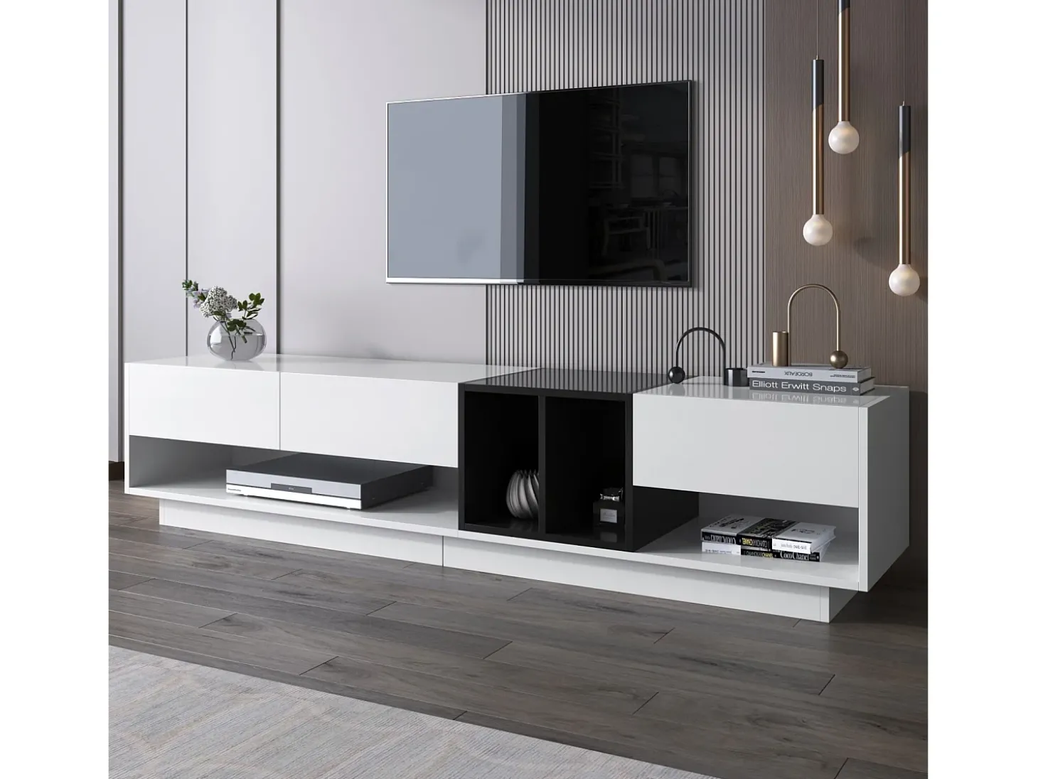 Gabinete de TV com 3 gavetas e 4 nicho - Branco e Black - Placa de partículas - 190x34x40cm