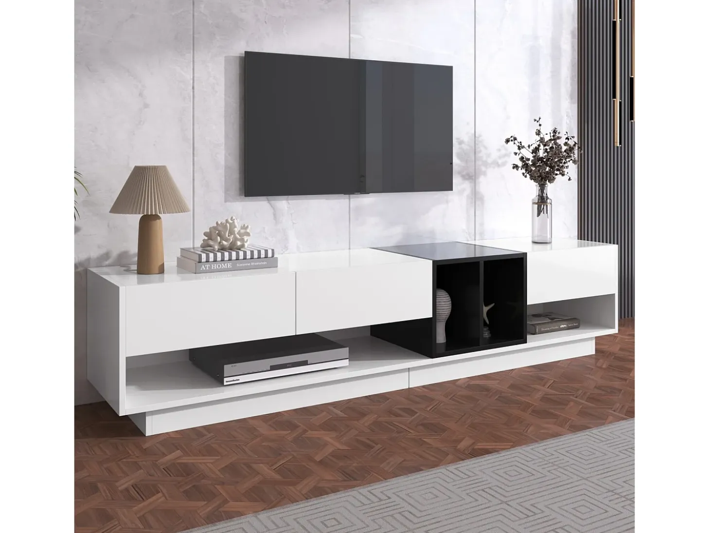 Gabinete de TV com 3 gavetas e 4 nicho - Branco e Black - Placa de partículas - 190x34x40cm